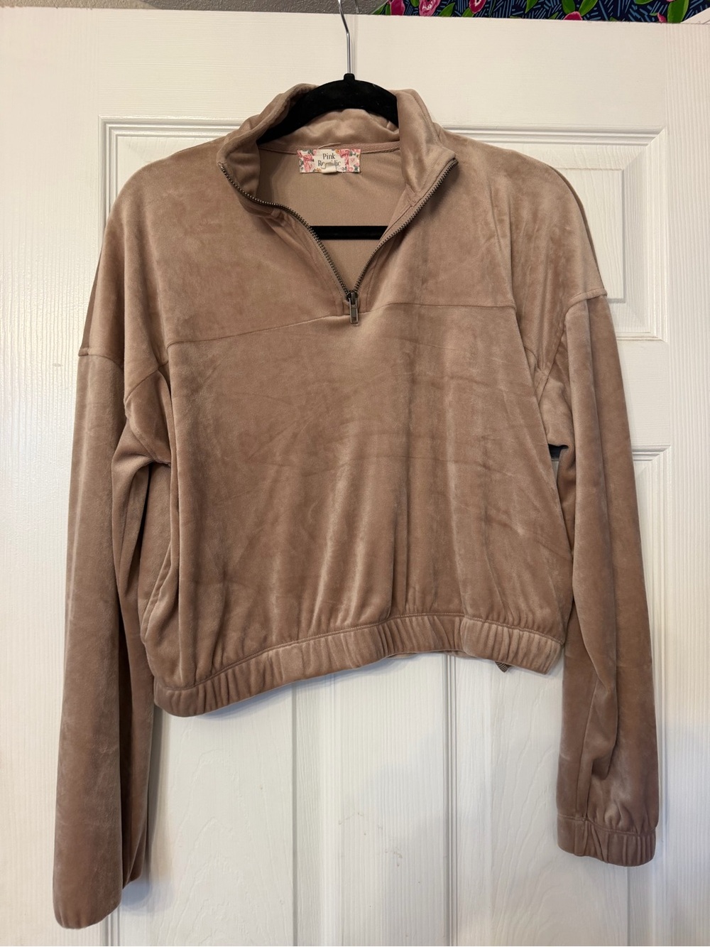 Pink Rose Taupe Half-Zip Velvet Pullover